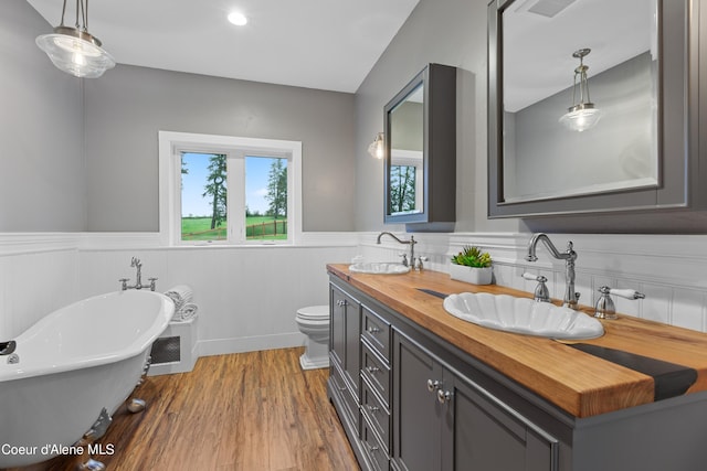 full bathroom featuring a freestanding bath, wood finished floors, a sink, and wainscoting