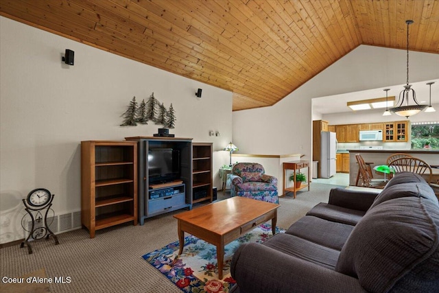 living room with high vaulted ceiling, wood ceiling, and light colored carpet