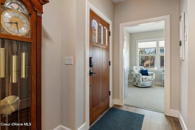 foyer entrance with wood finished floors and baseboards