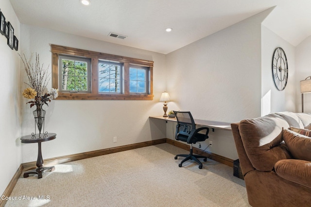 carpeted office featuring recessed lighting, visible vents, and baseboards