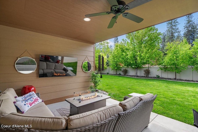 6489 E Kyong, Post Falls, ID 83854 - view of patio / terrace with an outdoor living space with a fire pit and ceiling fan