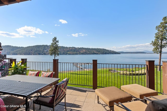 view of patio / terrace featuring a balcony and a water view