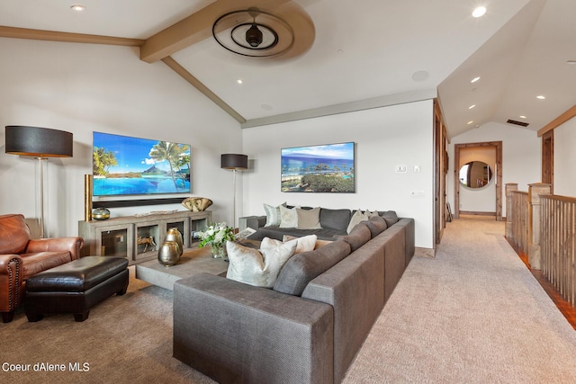 living area with lofted ceiling with beams, light carpet, baseboards, and recessed lighting