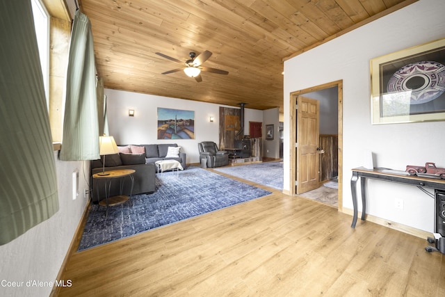 living area with a ceiling fan, wood finished floors, and wooden ceiling