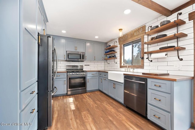 kitchen featuring light wood finished floors, open shelves, gray cabinets, stainless steel appliances, and a sink