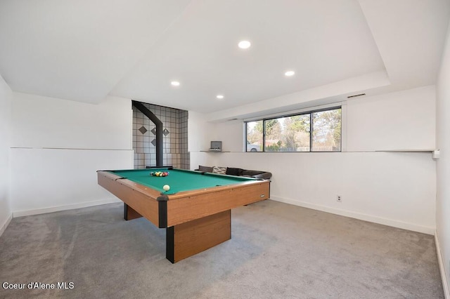 playroom with recessed lighting, baseboards, billiards, and carpet flooring