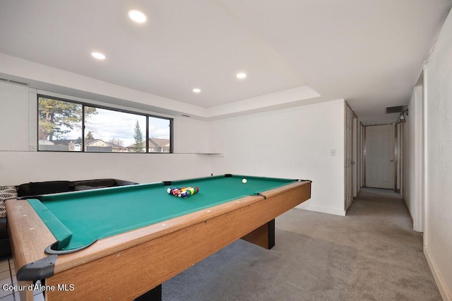 recreation room with billiards, recessed lighting, baseboards, and carpet floors