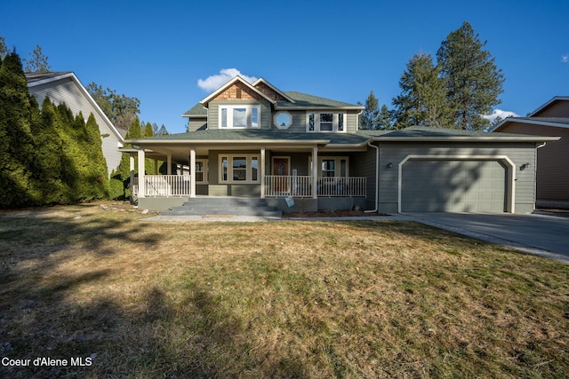 view of front facade featuring an attached garage, covered porch, a front lawn, and concrete driveway