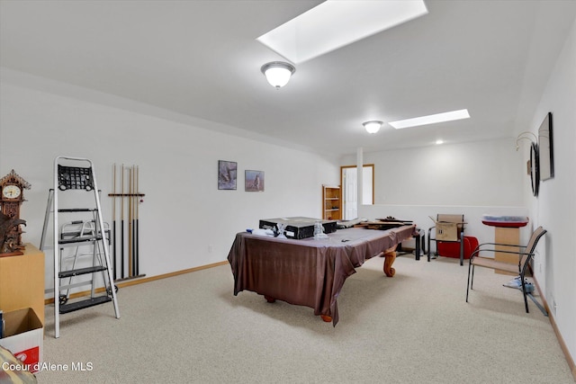 recreation room featuring pool table, carpet, and baseboards