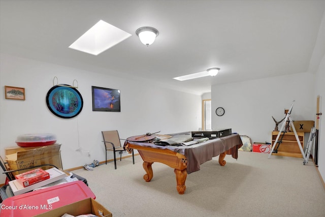 game room with pool table, a skylight, carpet flooring, and baseboards