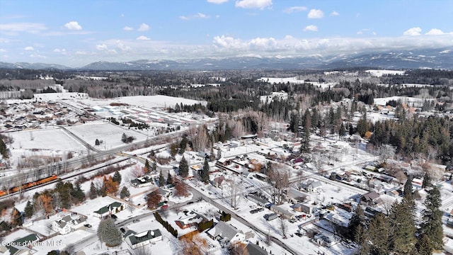 snowy aerial view featuring a mountain view