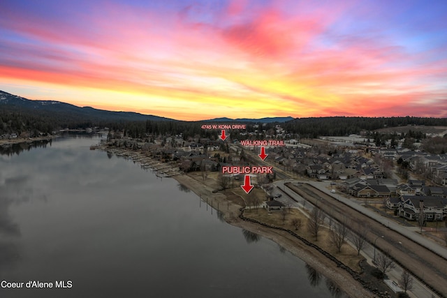 birds eye view of property with a water and mountain view