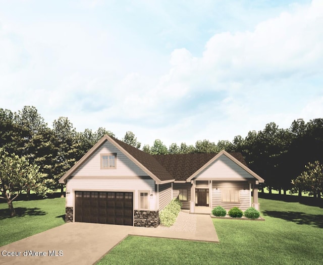 view of front facade featuring driveway, stone siding, a garage, and a front yard