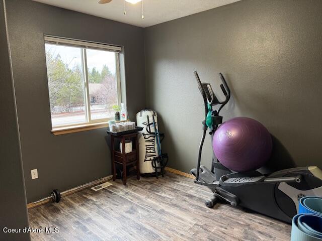 exercise room with ceiling fan, baseboards, and wood finished floors