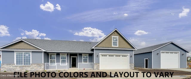 view of front of home with driveway, covered porch, stone siding, and roof with shingles