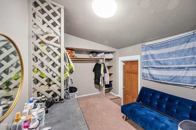 interior space featuring carpet, vaulted ceiling, a textured ceiling, and baseboards