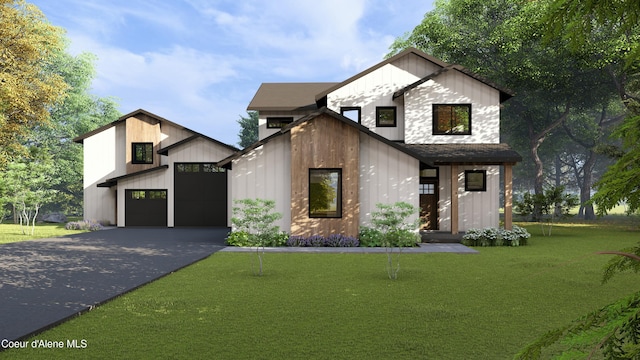 view of front facade featuring driveway, a garage, a front lawn, and board and batten siding