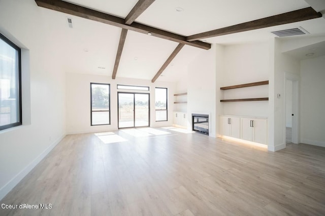 unfurnished living room with a fireplace, visible vents, baseboards, light wood-style floors, and beamed ceiling