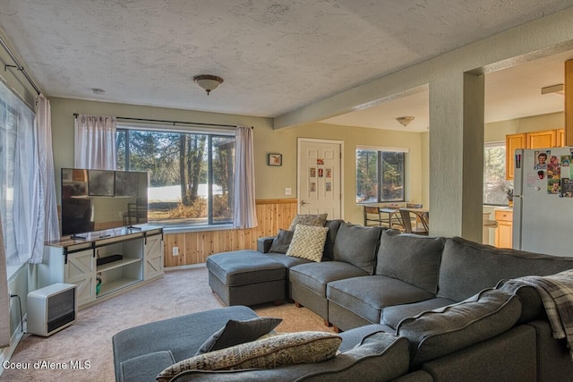 living room with wainscoting, wooden walls, a textured ceiling, and light colored carpet