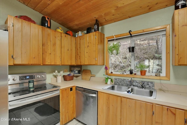 kitchen featuring light countertops, appliances with stainless steel finishes, a sink, and wood ceiling