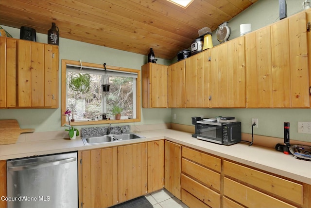 kitchen with wooden ceiling, a sink, vaulted ceiling, light countertops, and dishwasher