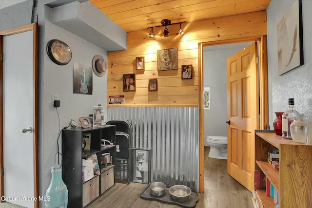 interior space with wooden walls and wood finished floors