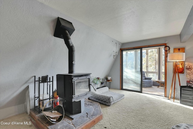 living area with a wood stove, carpet flooring, a textured wall, and a textured ceiling