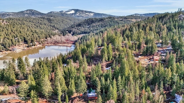 aerial view with a forest view and a water and mountain view