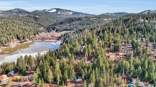 bird's eye view with a view of trees and a water and mountain view