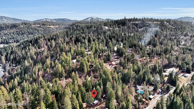 birds eye view of property featuring a mountain view and a view of trees