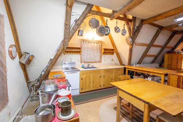 kitchen featuring light countertops, a sink, lofted ceiling with beams, and white range with electric cooktop