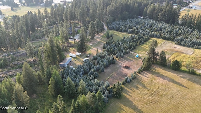 birds eye view of property featuring a wooded view