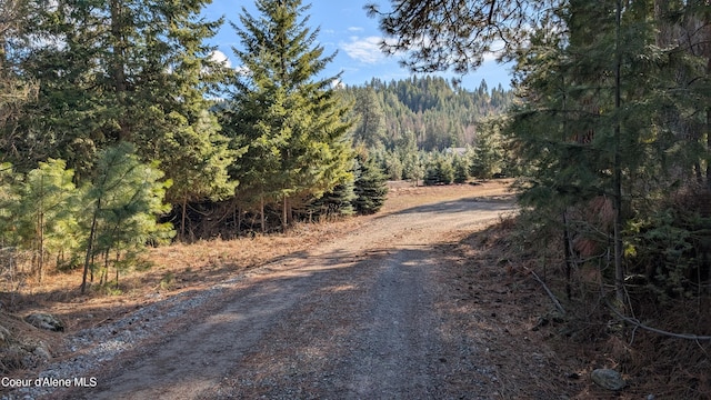 view of road with a forest view