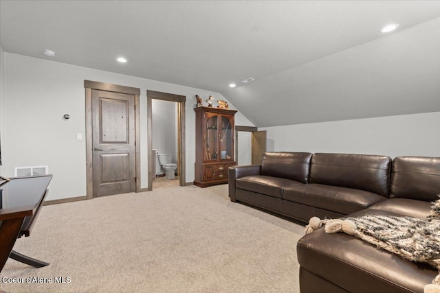 living area with baseboards, visible vents, light colored carpet, lofted ceiling, and recessed lighting