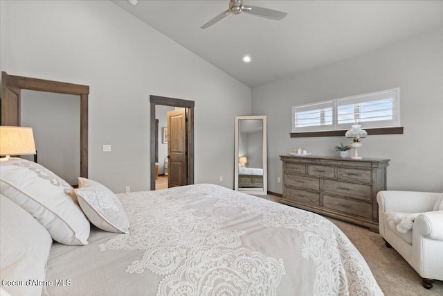 bedroom featuring carpet, high vaulted ceiling, ceiling fan, and recessed lighting