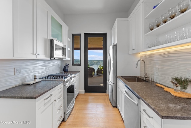 2766 S Helen Dr, Coeur Dalene, ID 83814 - kitchen featuring appliances with stainless steel finishes, light wood-style floors, white cabinetry, and a sink