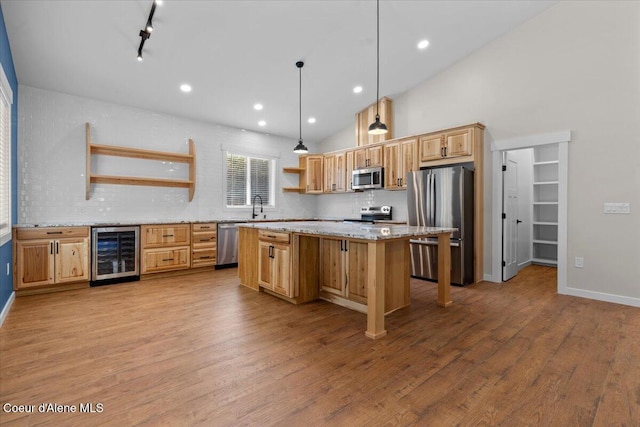 kitchen with open shelves, light wood-style flooring, stainless steel appliances, tasteful backsplash, and wine cooler
