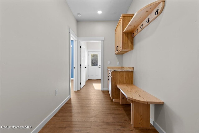 mudroom with recessed lighting, baseboards, and dark wood-type flooring