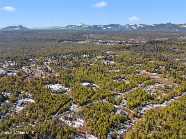 drone / aerial view featuring a view of trees and a mountain view
