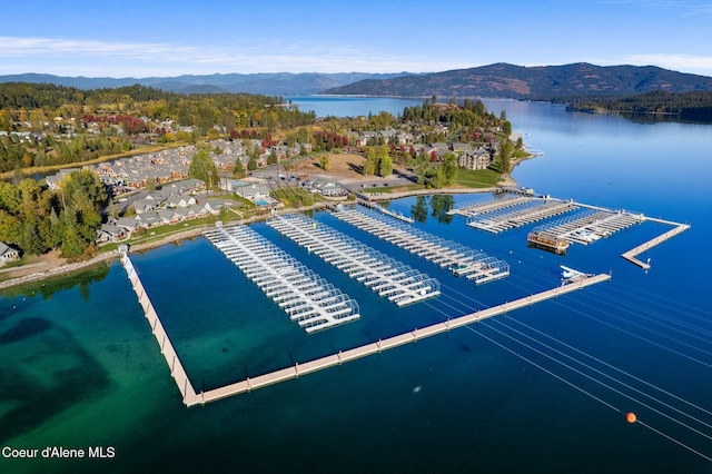 birds eye view of property with a water and mountain view