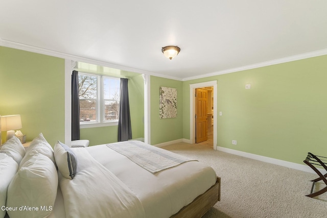 bedroom featuring light carpet, crown molding, and baseboards