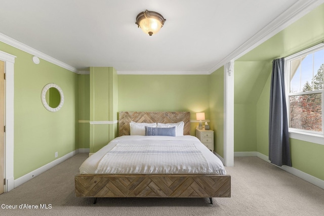 carpeted bedroom with baseboards and crown molding