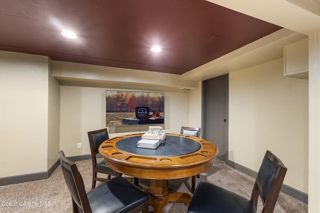 game room featuring recessed lighting, carpet flooring, and baseboards