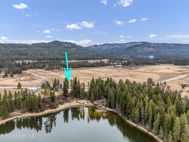 aerial view featuring a forest view and a water and mountain view