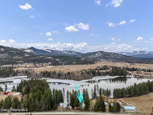 property view of mountains featuring a wooded view and a water view