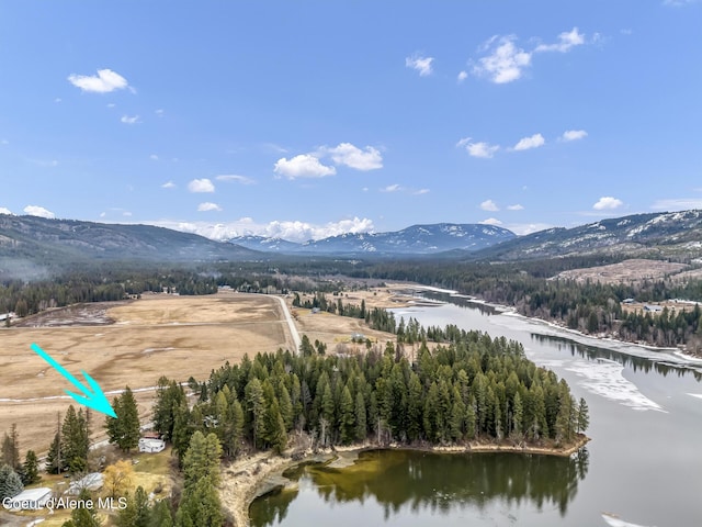 aerial view with a forest view and a water and mountain view