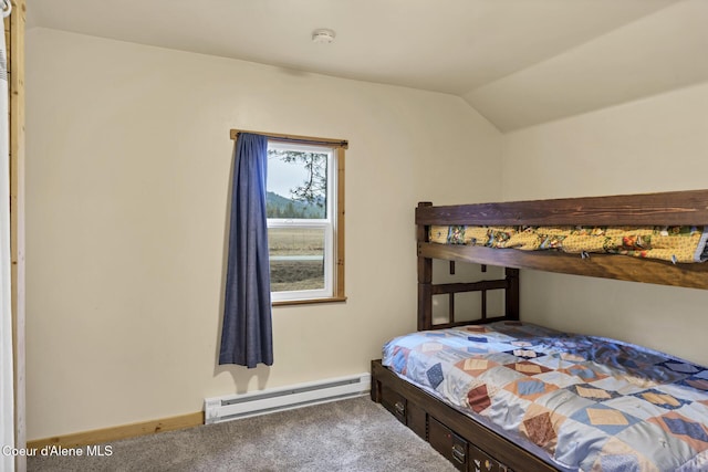 carpeted bedroom with a baseboard heating unit, lofted ceiling, and baseboards