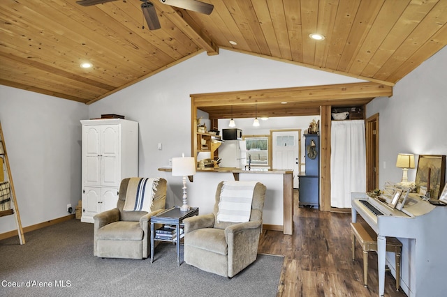 sitting room with a ceiling fan, baseboards, vaulted ceiling with beams, recessed lighting, and wood ceiling