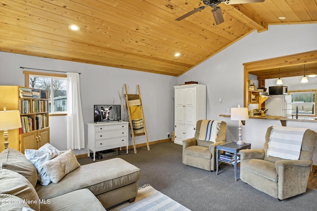 living area with carpet, baseboards, vaulted ceiling with beams, ceiling fan, and wood ceiling