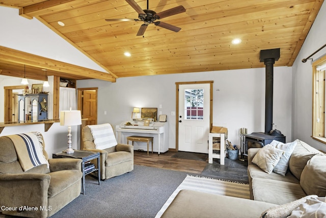 living room featuring a ceiling fan, wood finished floors, recessed lighting, wood ceiling, and a wood stove